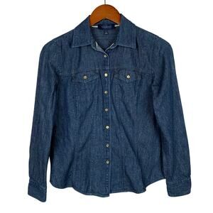 Talbots Denim Shirt Button Front Dark Blue Long Sleeve Women's 2